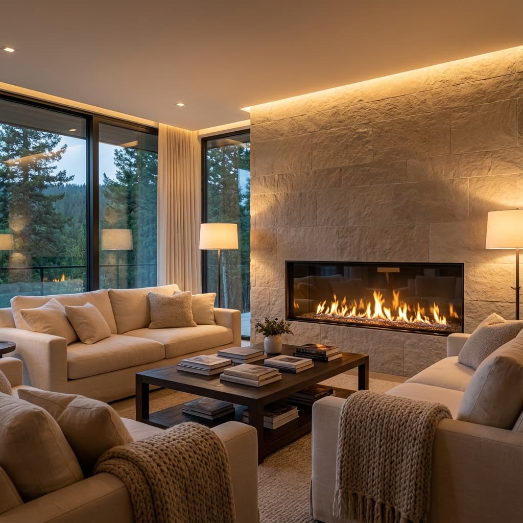 Cozy gas fireplace in a modern living room